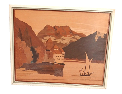 Vintage framed wood marquetry - framed,