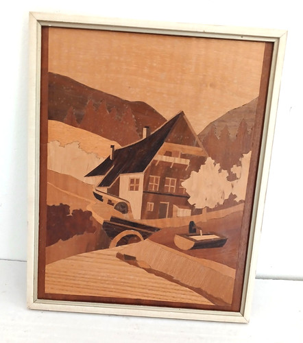 Vintage framed wood marquetry - framed,